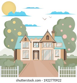 Country house with nature. Farm in the countryside. Cottage among the trees. Cartoon vector illustration. Made in flat strength.