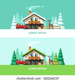 Country house. Nature. Winter. Summer. Flat design vector concept illustration