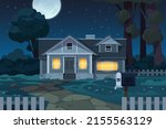 Country house night. Cartoon cottage landscape scene at night, neighborhood street with house front exterior. Vector late evening background. Suburban building with lights in windows