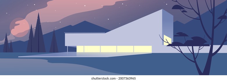 Country house at night. Modern residential architecture, abstract flat vector illustration. Background layout for landing page, banner or postcard design.