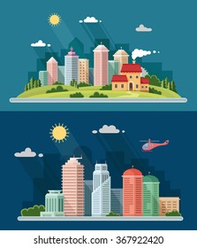 Country house on the background of the city. Urban landscape with skyscrapers. Flat style vector illustration.