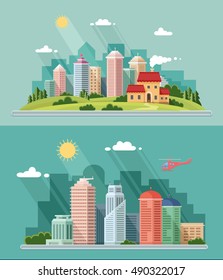 Country house on the background of the city. Flat illustrations