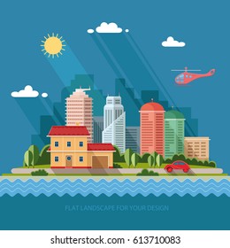 Country house on the background of the city and the river. Summer, spring landscape. Flat design style vector illustration