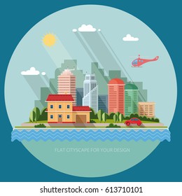 Country house on the background of the city and the river. Summer, spring landscape. Flat design style vector illustration