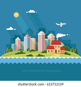 Country house on the background of the city and the river. Summer, spring landscape. Flat design style vector illustration