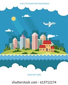 Country house on the background of the city and the river. Summer, spring landscape. Flat design style vector illustration