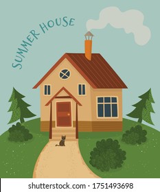 Country house on the hill and the cat. Vector illustration in hand drawn style. 