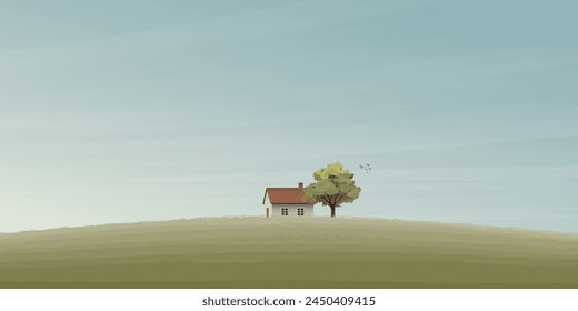 Country house on hill in the morning vector illustration have blank space. Countryside concept background. Autumn agriculture landscape.
