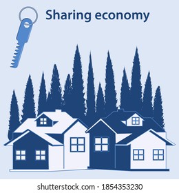 Country house in a pine forest. Vector illustration. Design Concept. Sharing Economy.