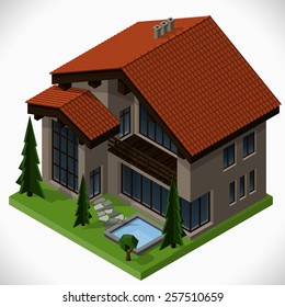 Country house with pool and lawn with trees. Vector isometric illustration.