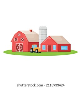 Country house with red barn, farmer tractor and granary building on green farm field plot cartoon vector illustration, isolated on white. Modern large ranch with haystack harvest.