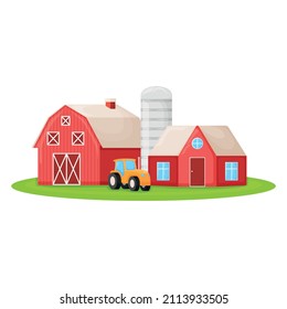 Country house with red barn, farmer tractor and granary building on green farm field plot cartoon vector illustration, isolated on white. Modern large ranch with haystack harvest.