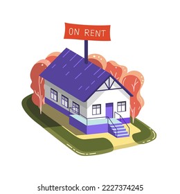 Country house for rent. Banner for estate agent website. Isometric home. Buying, selling a hut.