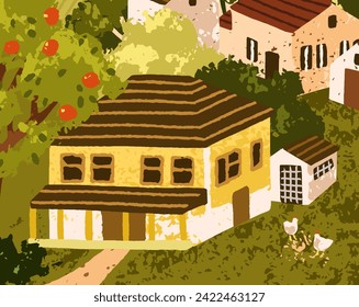 Country house. Rural nature, countryside landscape. Farm cottage, farmhouse, chicken on grass yard in summer. Agriculture home building, barns outdoors at farmland. Flat vector illustration