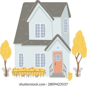 Country house with sash window, front porch, leaf hedge, trees, and rain boot in fall season, hand drawn. Home comfort, countryside living, harvest, warmth, nostalgia. Cartoon vector illustration.