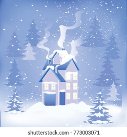 Country house in the snow-covered forest - vector art illustration. Winter landscape.