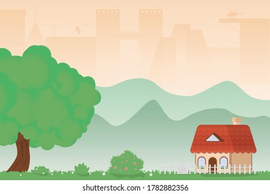 Country house standing on a green lawn next to a large green oak tree near the city. Flat illustration of a house, lawn, forest and city outline.