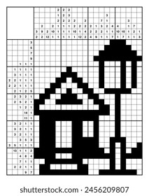 Country house with street lamp. Nonogram, japanese crossword, educational game. Black and white, 20x25. Logical solution. Structured customizable EPS.