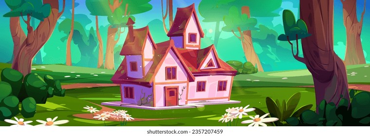 Country house in summer forest on sunny day. Vector cartoon illustration of old cottage, chimney on roof, wooden door and windows, flowers on glade with green grass and bushes, footpath between trees