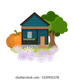 Country house surrounded by trees, flowers, local produce vector illustration