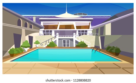 Country house with swimming pool vector illustration. Modern fashionable property facade with stairs. Holiday house illustration