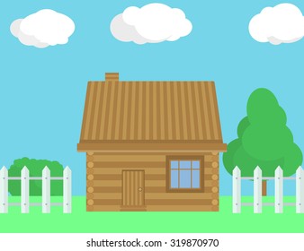 Country house with tree and fence.Flat style.