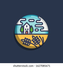 Country House and trees flat icon. Round colorful button, Rural landscape circular vector sign. Flat style design