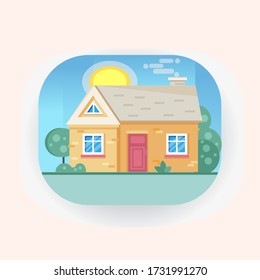 Country house with trees, grass, smoke
