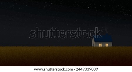 country house in wheat field at night have a lot of star in the sky background vector illustration.