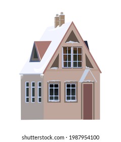Country house. Winter season. Attic. The roof is covered with snow. Gable roof outbuilding. Nice and cozy suburban private home. Flat cartoon style. Vector art