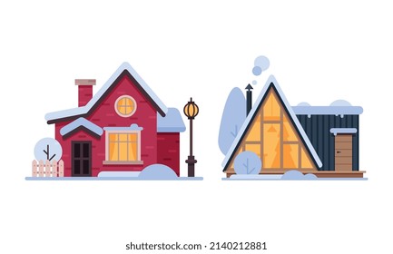 Country House in Winter Season with Chimney and Roof Covered with White Snow Vector Set