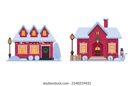 Country House in Winter Season with Chimney and Roof Covered with White Snow Vector Set