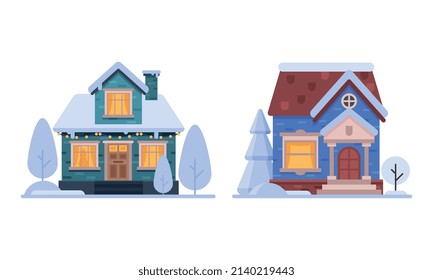 Country House in Winter Season with Chimney and Roof Covered with White Snow Vector Set