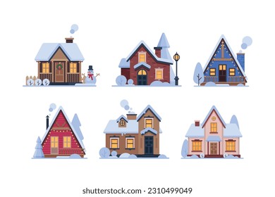 Country House in Winter Season with Chimney and Roof Covered with White Snow Vector Set