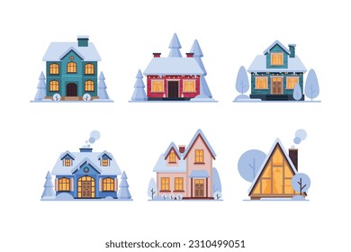 Country House in Winter Season with Chimney and Roof Covered with White Snow Vector Set