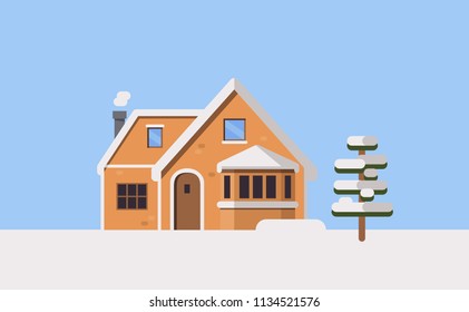 Country house in winter. Snow, tree, blue sky. Vector flat style. Christmas holiday. 