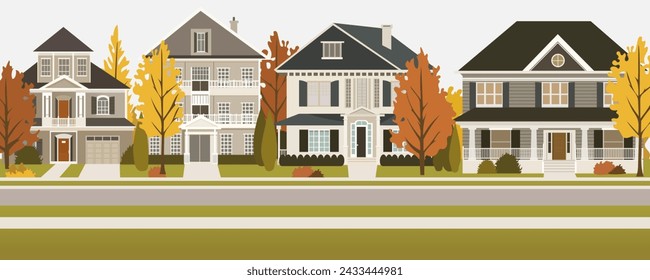 Country houses. Beautiful country houses with verandas, green manicured lawns, bushes and trees, sidewalks and roads. Nice residential area.