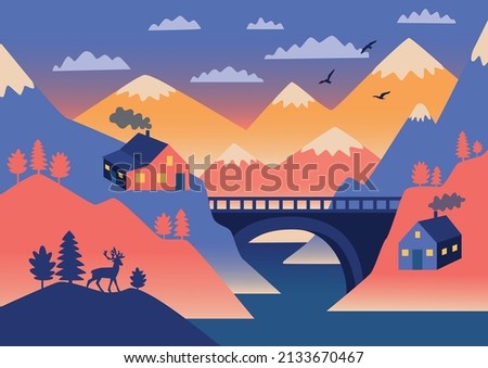 Country houses with the bridge on the river and mountains with snow peacks. Vector landscape with silhouettes of hills, trees, birds and deer with sunrise or sunset sky and clouds.
