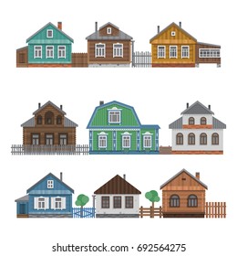 Country houses collection. Colorful village russian old houses set. Countryside colored house. Cute outback hut with wooden fence, decoration, trees. Vector illustration art.