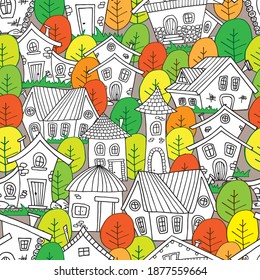 Country houses and colorful trees seamless pattern. Vector illustration.