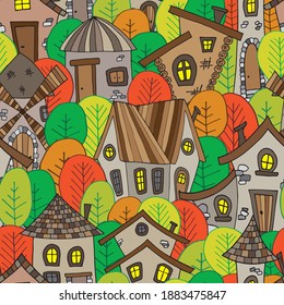 Country houses and colorful trees seamless pattern. Vector illustration.