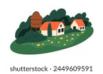 Country houses in forest. Summer countryside nature, rural scene with small homes, settlement. Village agriculture landscape, trees and grass. Flat vector illustration isolated on white background