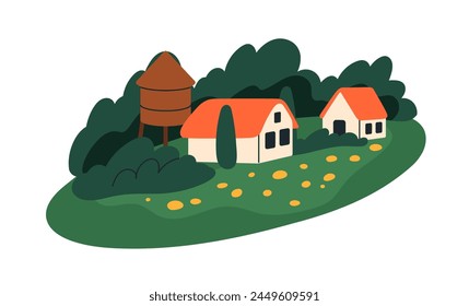 Country casas en el bosque. Verano campo naturaleza, escenario rural con casas Pequeñas, asentamiento. Paisaje de la agricultura de aldea, árboles y hierba. Ilustración vectorial plana aislada sobre fondo blanco