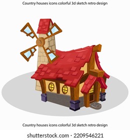 Country houses icons colorful 3d sketch retro design