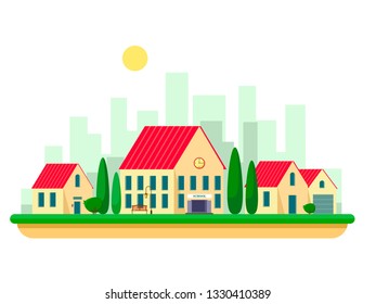 Country houses with a school and trees with the silhouette of the city in the background. Vector illustration of a flat style.
