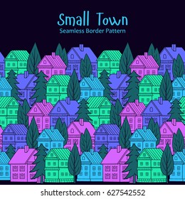 Country houses. Seamless vector border pattern. Village illustration.