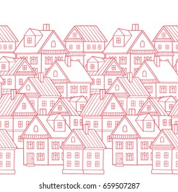 Country houses. Seamless vector border pattern. Village illustration.