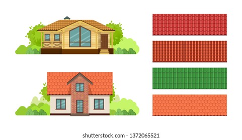 Country houses, townhouse, cottage, building, private country house brick, guest house, with roof tile, covered with tiles. Types of residential roofing house, for attic of house. Vector illustration.