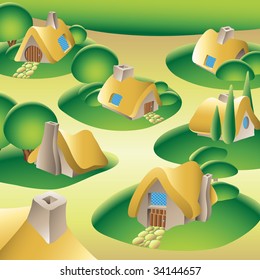 country houses and a village in a forest