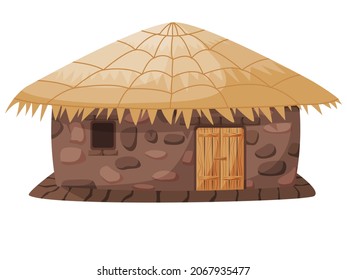 Country hut, house of stones and clay with thatched roof isolated on white. Cute small poor aged round travel real rest reed cover roof barn. Retro rustic cartoon farm hutch dwell villa wood door